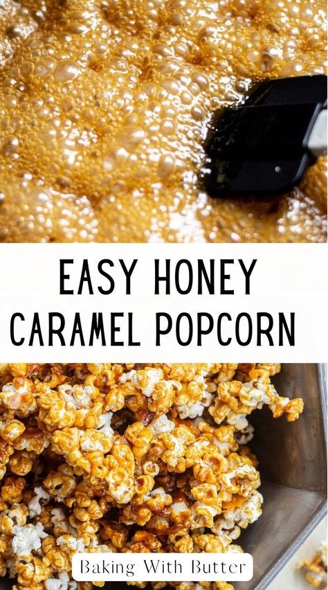 If you’re looking for a caramel corn recipe without corn syrup, this Halloween honey popcorn is what you need. A sweet and smooth caramel coating of brown sugar and honey covers the popcorn, resulting in a crunchy honey-toffee treat that’s perfect for spooky celebrations. Popcorn Recipes Sweet, Caramel Corn Recipe, Honey Popcorn, Popcorn Recipes Easy, Caramel Corn Recipes, Simple Eating, Honey Caramel, Homemade Popcorn, Popcorn Recipe