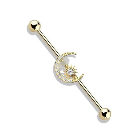 PRICES MAY VARY. STYLE: CZ Crystal Paved Crescent Moon and Star Industrial Barbell MATERIAL: 316L Stainless Steel, Brass, Cubic Zirconia Crystals and Plated with 14kt Gold and Rhodium as Applicable GAUGE/BAR THICKNESS: 14GA (1.6mm) BARBELL LENGTH: 1 1/2" (38mm) INCLUDES: Two Clear O-Rings to Hold the Moon in Place Industrial Bar Earring, Industrial Bar Piercing, Industrial Piercing Jewelry, Barbell Piercing, Industrial Barbell, Industrial Piercing, Gold Moon, Moon And Star, Rose Gold Color