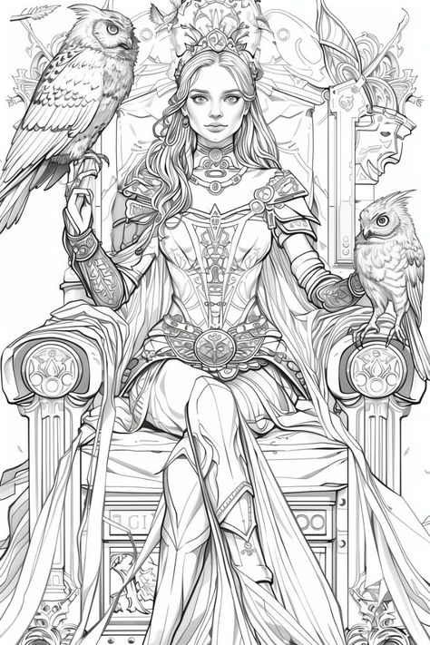 Fantasy Colouring Pages, Greek Mythology Coloring Pages, Queen On Throne, Fantasy Coloring Pages For Adults, Queen Illustration, Queen Drawing, A Coloring Page, Adult Coloring Books Printables, Adult Colouring Printables