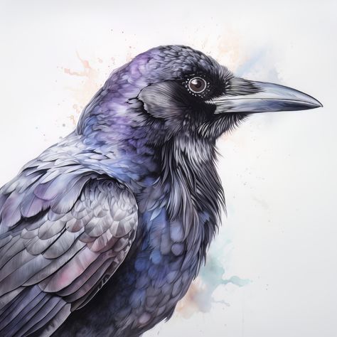 Bird Digital Art, Blackbird Art, Crows Drawing, Watercolour Bird, Crow Painting, Raven Bird, Crow Art, Black Birds, Portrait Watercolor