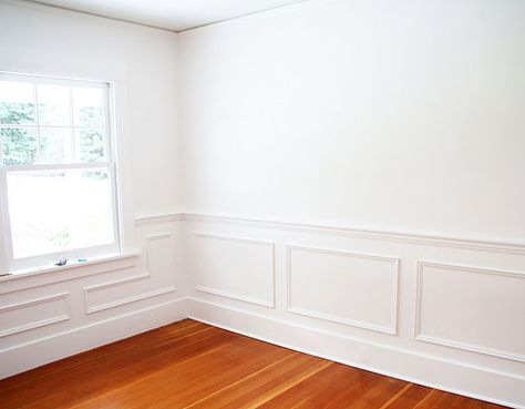 Bathroom: My favorite "bright but not too bright" white is Benjamin Moore Simply White 2143-70 Wayne Scotting, Wayne Scotting Walls, Farmhouse Trim Baseboards, Paneled Wainscoting, Benjamin Moore Simply White, Nautical Farmhouse, Farmhouse Trim, Panel Ideas, Diy Wainscoting