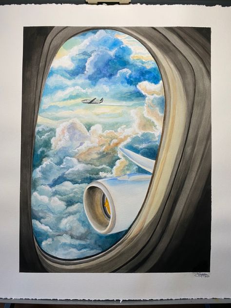 Airplane Painting, Northern Lights Painting, Airplane Drawing, Plane Window, Window Drawing, Sky Art Painting, Sky Artwork, Airplane Art, Art Painting Gallery