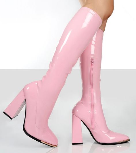 Public Desire Shoes, High Heeled Boots, Knee High Heels, Patent Leather Boots, High Heel Boots Knee, Pink Boots, Square Toe Boots, Boots Uk, Chunky High Heels