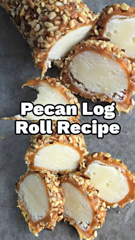 A delicious and easy caramel and pecan candy, perfect for the holidays. This pecan log roll recipe is a marshmallow center coated in caramel and rolled in nuts and only requires about 30 minutes of hands on time. Pecan Log Roll Recipe, Pecan Logs, Pecan Log Roll, Candied Nuts Recipe, Pecan Candy, Pecan Log, Nut Roll Recipe, Caramel Rolls, Nut Rolls