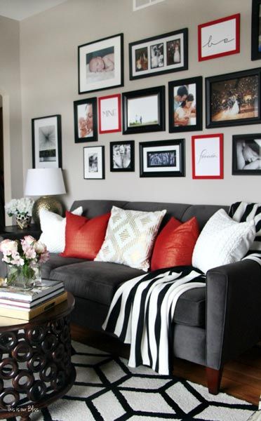 75 Delightful Black & White Living Room Photos | Shutterfly Black White Red Living Room Ideas, Gallery Wall Black And White And Color, Black White And Red Home Decor, Black White And Red Living Room, Red Couches Living Room Decor, Black And Red Living Room, Red Couch Living Room, Red Living Room Decor, Silver Living Room