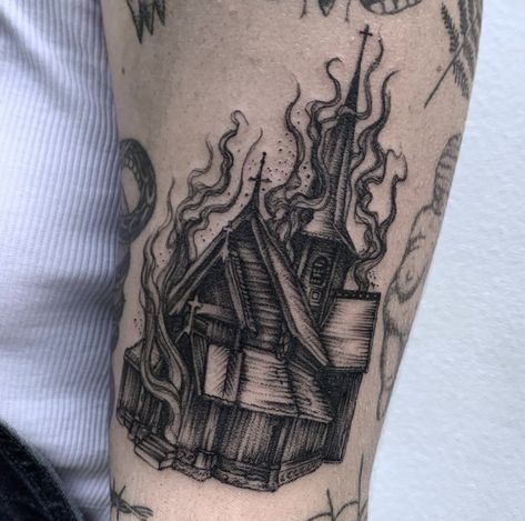 Midwest Gothic Tattoo, Chimney Tattoo, Midnight Mass Tattoo, Witchy Stomach Tattoo, Old House Tattoo, Burning Building Tattoo, Witch House Tattoo, Burning Church Drawing, Burning House Tattoo