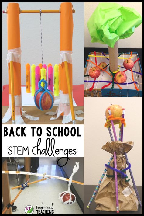 Looking for a first day of school activity that's fun but not fluff? How about 5 Back-to-School STEM Challenge Activities with modifications for grades 2-8? Work on Newton's Laws of Motion, forces, measurement, the 4 C's of Engineering and more! Click through to learn more about each challenge, watch video walk-throughs, see materials and more. Stem Activities For Kindergarten, Fall Stem Challenges, Kindergarten At Home, Forces And Motion, Steam Challenges, Stem Elementary, Stem Lab, Stem Lesson, Apple Stem