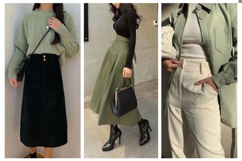 Perfect Colors To Match With Sage Green Clothing Color Combo For Green, Sage Green Blouse Outfit, Sage Outfits Color Combos, Green Clothes Combination, Sage Green Cardigan Outfit, Sage Green Outfit Color Combos, Green Color Combinations Outfit, Sage Green Clothes, Carpet Skirt