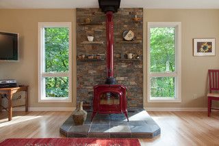 Adding beautiful stonework and some shelving behind your stove can really spruce it up! Wood Stove Surround, Stove Wall, Stove Decor, Wood Stove Hearth, Wood Stove Wall, Wood Burning Stoves Living Room, Wood Stove Fireplace, Mantel Design, Into The Wood