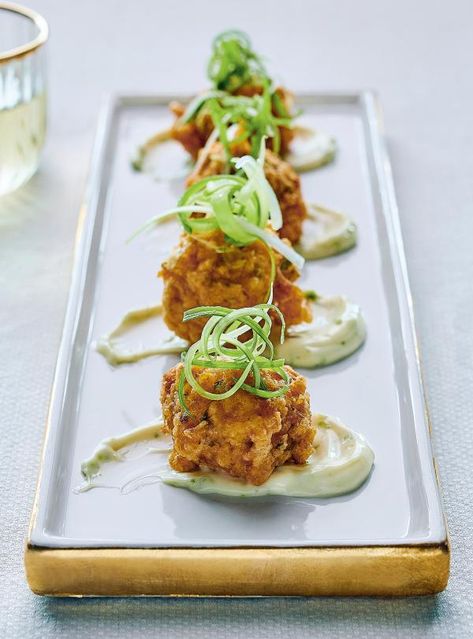 These shrimp fritters, bursting with flavour, are a great starter or party bite for the holidays. Fine Dining Appetizers, Shrimp Fritters, Gourmet Food Plating, Fine Dining Recipes, Munnar, Gourmet Cooking, Gourmet Foods, Foods Recipes, Croquettes