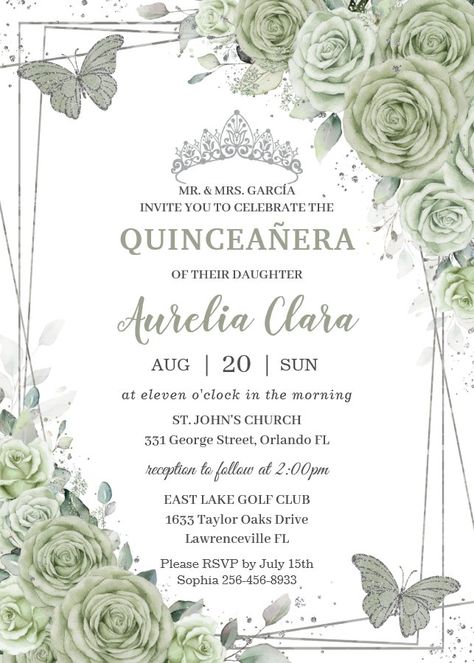 Sage Green Quinceanera, Chambelanes Outfits Quinceanera, Chambelanes Outfits, Green Quinceanera Theme, Lollipop Party, Floral Birthday Invitations, Sage Green Floral, Quinceanera Themes, Quinceanera Invitations