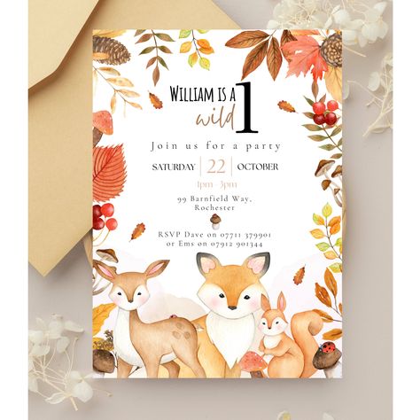 Autumn First Birthday Party Invitations, Wild One Fox Birthday Party Invite, Autumn One Woodland Animal Birthday Party Printable Invitations Woodland Animals Invitation, Autumn Birthday Cards, Autumn First Birthday, Woodland Animal Birthday Party, First Birthday Party Invitations, Fox Birthday Party, Woodland Animal Birthday, Fox Birthday, Fall Birthday Parties