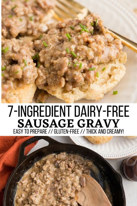 Dairy-Free Keto Sausage Gravy (Gluten-Free) - Easy gluten-free Dairy-Free Sausage Gravy - thick, creamy, and perfectly seasoned! Only seven basic ingredients! Make Biscuits and Gravy! #keto #lowcarb #gravy #biscuits Non Dairy Sausage Gravy, Gluten Free Sausage Gravy, Keto Sausage Gravy, Dairy Free Gravy, Dairy Free Biscuits, Gluten Free Sausage, Sausage Gravy And Biscuits, Make Biscuits, Biscuits And Gravy Casserole