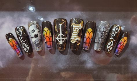 New Ghost fan, had to paint these to wear at all Rituals Ghost The Band Nails, Ghost Band Nails Acrylic, Ghost Band Inspired Nails, Ghost Band Nail Art, The Band Ghost Nails, Ghost Bc Nails, Bad Omens Nails, Ghost Band Nails, Band Nail Art