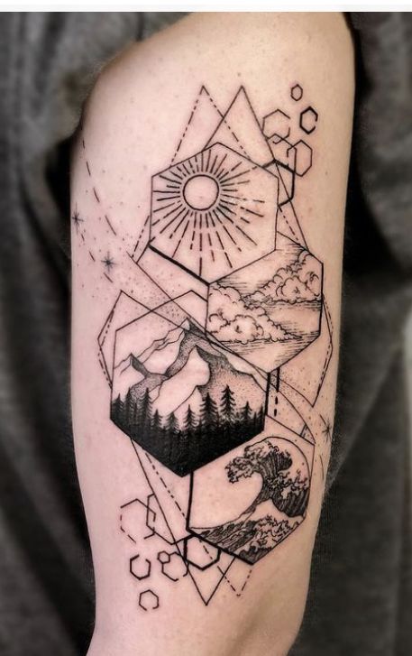 Triangle Mountain Tattoo Geometric Art, Mens Adventure Tattoo, Forest Geometric Tattoo, Geometric Outdoor Tattoo, Horizon Tattoo Minimalist, Lycan Tattoo, Elements Tattoo Design, Geometric Tattoo Men, 4 Elements Tattoo