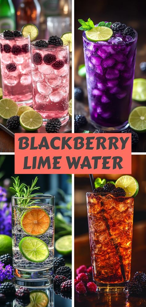 An appealing Pinterest pin featuring a blackberry lime infused water recipe with four eye-catching images showcasing fresh blackberries and limes in a refreshing drink. Perfect for a healthy hydration option. Lime Infused Water, How To Freeze Blackberries, Lime Water, Daily Water Intake, Plain Water, Brunch Table, Sparkling Drinks, Infused Water Recipes, Water Intake