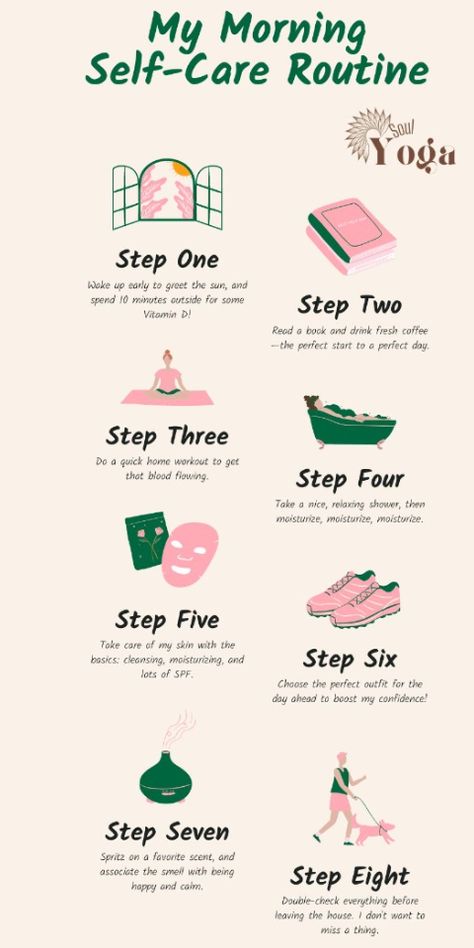 My Morning self-care Routine Morning Routine Infographic, Yoga Infographic, Dark Green And Pink, Daily Hygiene, Best Morning, Sleep Remedies, Marketing Business Card, Hygiene Routine, How To Create Infographics