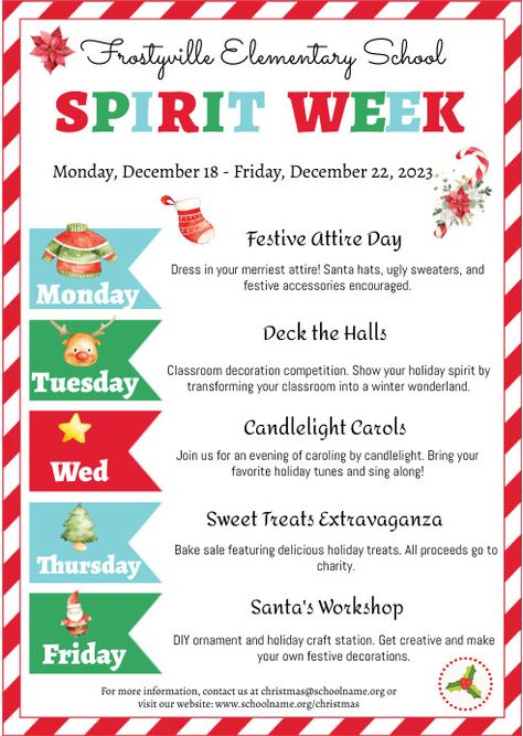 230+ Free Templates for 'Spirit week flyers' December Spirit Week Ideas, Office Christmas Spirit Week Ideas, Holiday Spirit Week Ideas For Work, Christmas Dress Up Days School, Hoco Inspiration, Christmas Spirit Week, Spirit Week Flyer, Holiday Spirit Week, Spirit Week Ideas