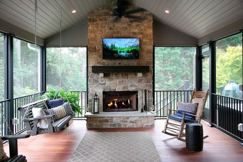 Custom Screened Porch with Fireplace Remodel | Roswell, GA Lakehouse Renovation, Screened Porch With Fireplace, Screened Deck, Deck Ceiling, Porch With Fireplace, Deck Addition, Deck Renovation, Big Porch, Deck Fireplace