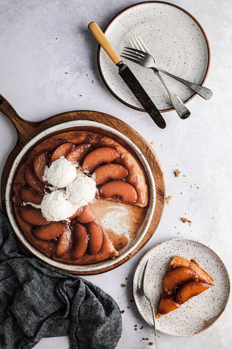 Peach Tarte Tatin | Baker Street Society Baked Peaches, Tart Tatin, Cake Flour Substitute, French Tart, Peach Tart, Baked Peach, Best Pans, Vanilla Caramel, Peach Juice