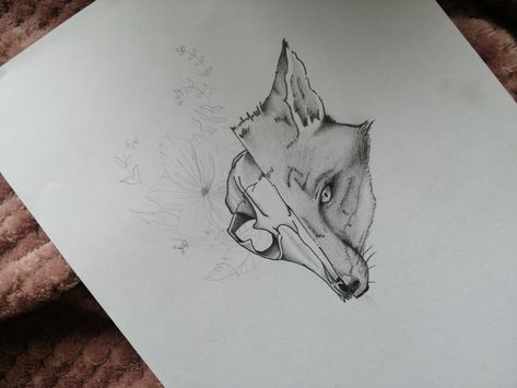 Drawing of fox and her skull with flowers Fox Skull Drawing, Fox Skull Tattoo, Fox Tattoo Design, Fox Skull, Skull With Flowers, Fox Tattoo, Fox Head, Skull Drawing, Animal Skulls