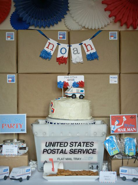 Loving this US Postal Service party!! Office Retirement Party, Birthday Mail, Office Birthday Party, Birthday Party Desserts, Office Party Decorations, Mom Party, Office Birthday, Party Hostess, Mens Birthday Party