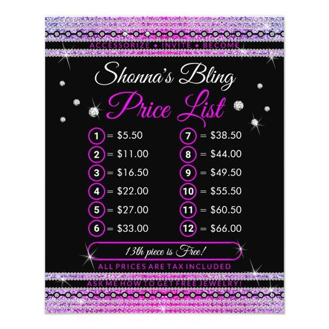 Jewelry Reseller Price List Flyer | Zazzle.com Paparazzi Jewelry Advertising, Reseller Business, Paparazzi Quotes, Baby Shower Necklace, Jewelry Advertising, Paparazzi Jewelry Displays, Jewelry Business Card, Paparazzi Jewelry Images, Paparazzi Accessories Jewelry