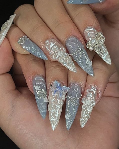 Blue Mermaid Nails, Japanese Hair Color, Prom Blue, Formal Nails, Lace Nails, Mermaid Nails, Really Cute Nails, Ice Princess, Kawaii Nails