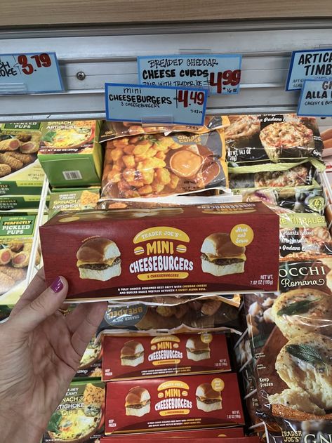 Mini Cheeseburgers Trader Joes Frozen Food, Mini Cheeseburger, Best Frozen Meals, Chimichurri Chicken, Trader Joes Food, Griddle Cakes, Aldi Recipes, Number Seven, Over Easy Eggs