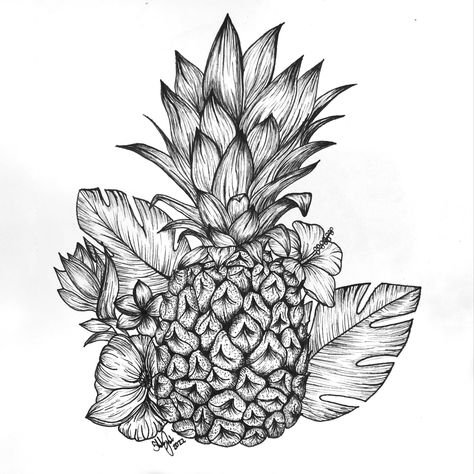 a tropical ink drawing of a pineapple and some flowers Pineapple Flower Tattoo, Tropical Tattoo, Pineapple Tattoo, Pineapple Flowers, Tattoo Cover-up, Ink Drawing, I Tattoo, Geometric Tattoo, Flower Tattoo