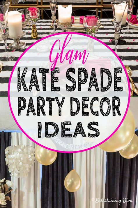 These Kate Spade themed party decor ideas are awesome! I love all of the pink and gold details with the black and white stripes. Perfect for a bachelorette party, bridal shower or baby shower. #entertainingdiva #partyideas #partydecor #partydecorations Kate Spade Party Decorations, Pink Chair Covers, Baby Shower Pink And Gold, Kate Spade Inspired Party, Pink And Gold Decorations, Kate Spade Party, Party Decor Ideas, Easy Party Decorations, Kate Spade Inspired