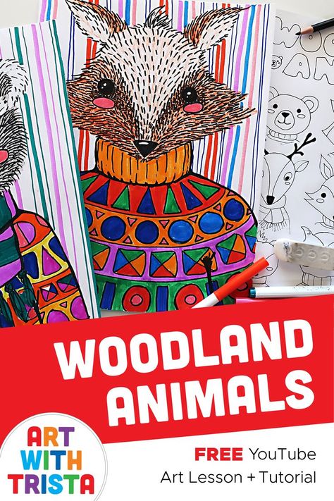 Woodland Animals Drawing, Animals In Sweaters, Implied Texture, Animal Lessons, Winter Art Lesson, Woodland Animal Art, Animals Drawing, Kindergarten Art Projects, Winter Art Projects