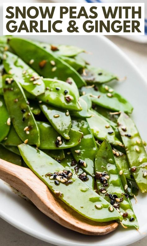 This easy snow pea recipe is a quick side dish to go with Asian foods as well as your favorite chicken, pork and seafood. These crisp tender snow peas are quickly stir fried with garlic and ginger and a simple soy and rice wine vinegar sauce. Stir Fry Snow Peas, Recipe With Snow Peas, Asian Snow Peas Recipe, Sides Veggies, Snow Peas Recipe, Quick Side Dish, Vinegar Sauce, Snow Pea, Asian Meals