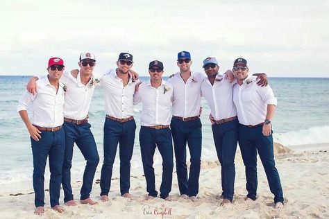 Groomsmen Blue Pants, Groom Baseball Hat Weddings, Groomsmen Shorts, Beach Wedding Groom Attire Blue, Destination Wedding Groom Attire, Simple Groomsmen Attire, Beach Wedding Groomsmen Attire, Beach Groomsmen Attire, Groom Beach Wedding Attire