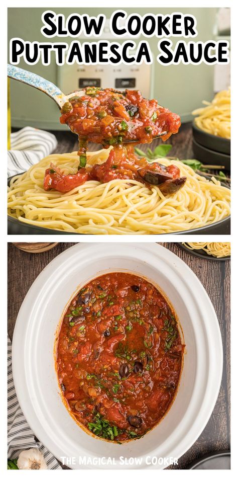 This Crock Pot Puttanesca Sauce is sure to hit your taste buds perfectly, thanks to the combination of tomatoes, olives, anchovies, and capers. Not to mention, it's made in your slow cooker for a pasta sauce that pairs perfectly with spaghetti or your favorite pasta. - The Magical Slow Cooker Crockpot Pasta Sauce, Slow Cooker Pasta Sauce, Favorite Crockpot Recipes, Crock Pot Dump, Chicken Puttanesca, Instant Pot Slow Cooker Recipes, Meatless Pasta, Slow Cooker Rice, Puttanesca Sauce