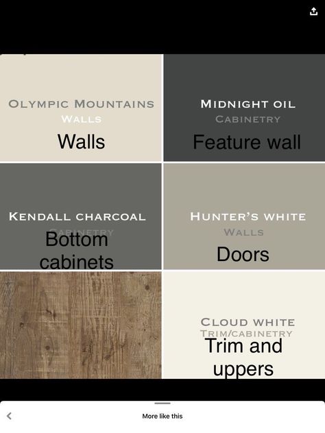 Whole House Paint Scheme Natural, Best Colors For Dark Wood Trim, Kendall Charcoal Palette, Black Paint Cabinets, Industrial Interior Paint Colors, Mountain House Interior Paint Colors, Black White Wood Color Palette, Moody House Color Palette, Kendall Charcoal Cabinets