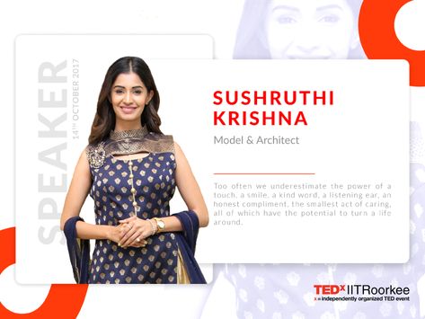 TEDx Speaker UI Card:   This is one of the work I did for TEDx IITROORKEE. A card based UI to give the description of the speaker.  Hit "L" if you like my work and follow me for more cool designs. Speaker Announcement Poster Design, Speaker Introduction Poster, Tedx Speaker Poster, Speaker Announcement Design, Guest Speaker Poster Design, Sponsorship Brochure, Speakers Design, Conference Speaker, Event Planning Guide