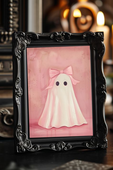 Add a touch of whimsy to your collection with our cute sheet ghost painting! Featuring a girly coquette ghost adorned with a vintage pink bow on her head, set against a pretty pink background. Available in our instant download premium print collection for just $2 each or 3 for $5 on my Ko-fi shop. Canvas Fall Ideas Painting, Pink Ghost Painting, Coquette Halloween Decor, Pink Ghost Party, Ghost Painting Ideas, Cute Painted Pumpkin Ideas, Halloween Widget, Hay Bale Art, Girly Ghost