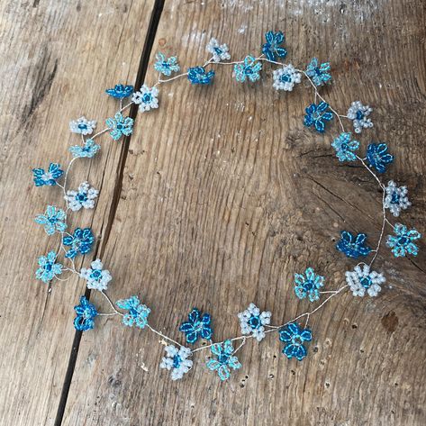 Blue Whimsical Wedding Headpiece, Blue And White Flower Crown, Elegant Blue Headpiece With Handmade Flowers, Blue Handmade Flower Wedding Hair Accessories, Rustic Woodland Wedding, Blue Flower Crown, Gypsophila Wedding, Blue Wedding Hair, Boho Bridal Hair