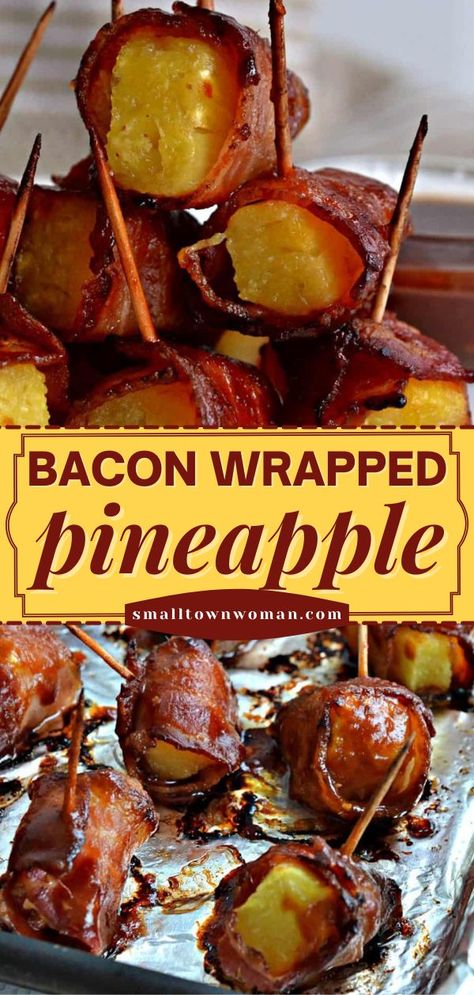 BACON WRAPPED PINEAPPLE, game day food, football party Barbeque Food Ideas, Sweet Appetizers For Party, Bacon Pineapple, Bacon Wrapped Pineapple, Pineapple Casserole, Porch Parties, Bacon Appetizers, July Recipes, Crowd Pleasing Appetizers