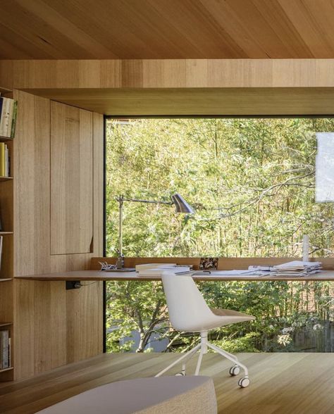 Office In The Woods, Long Window Desk, House Office Room, Best Greige Paint, Best Greige, Garage Home Office, Window Desk, Home Library Rooms, Home Workplace