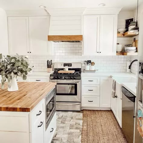 Island Electrical Outlet, Kitchen Island Electrical, White Kitchen With Butcher Block Counter, Butcher Block Countertops White Cabinets, White Cabinets Butcher Block Countertops, Kitchen Island End Panels, Kitchen With Butcher Block Counters, Easy Menu Planning, Kitchen Butcher Block