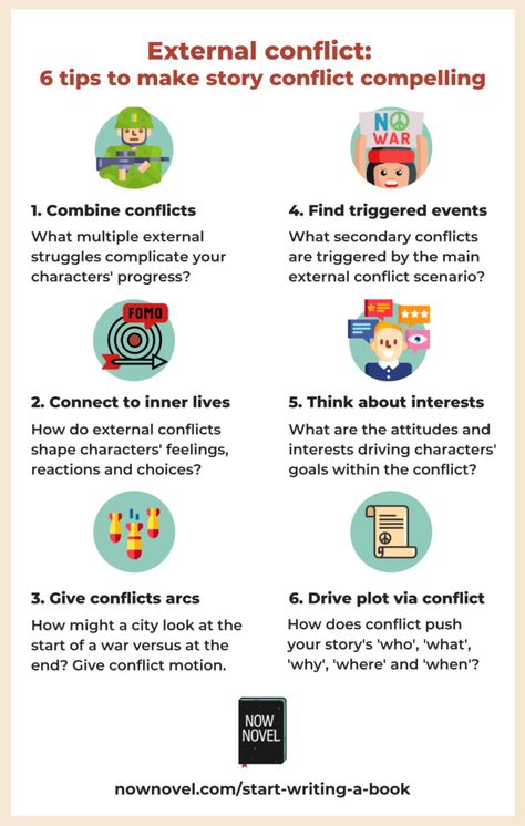 Making External Conflict Compelling: 6 Ideas | Now Novel Conflict Ideas For Stories, Story Conflict Ideas, Screenwriting Ideas, Conflict Ideas, Story Brand, Writing Outline, Screenplay Writing, Writing Plot, Creative Writing Tips