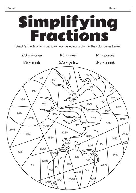 Fractions Worksheets Grade 5, Equivalent Fractions Activities, Simplest Form Fractions, Grade 5 Math Worksheets, Math Fractions Worksheets, Proper Fractions, Halloween Math Worksheets, Learning Fractions, Math Coloring Worksheets