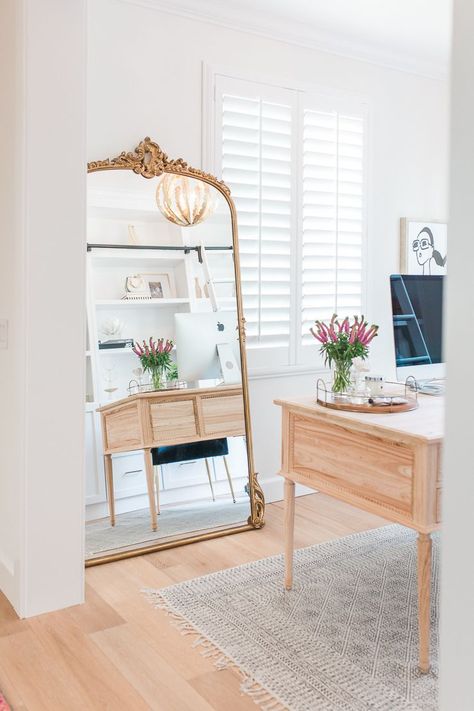 These home office decor ideas are just what your space needs to create a productive, stylish environment. #homeofficeideas #homeofficedecor #officedecor Huge Gold Mirror, Blogger Office, Gold Floor Mirror, Big Apartment, Diy Home Office, Home Office Decor Ideas, Pine Desk, Diy Office Decor, Gold Floor