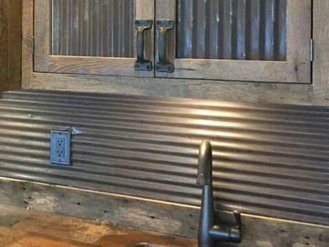 Kitchen Island With Tin Corrugated Metal, Galvanized Tin Walls Man Cave, Corrugated Tin Wallpaper, Galvanized Tin Barn Door, Barn Wood And Tin Cabinets, Wainscoting Staircase, Wallpaper Stairs, Wainscoting Nursery, Black Wainscoting