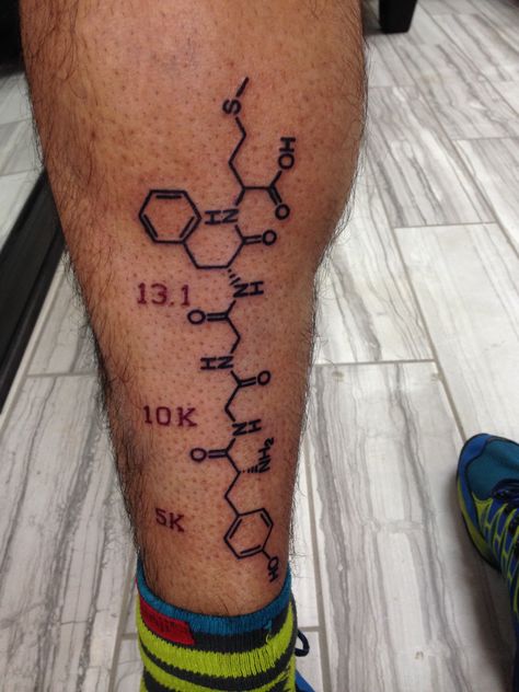 Chemical formula for runner's high. #running #runnershigh #tattoo Formula Tattoo, Chemical Tattoo, Runners Legs, Marathon Tattoo, High Tattoo, Runner Tattoo, Tattoo Queen, Blessed Tattoos, New Beginning Tattoo