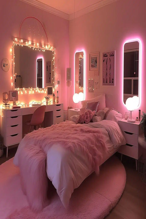 Pink-themed baddie bedroom with fairy lights, plush bedding, and girly decor accents. Small Room Pink Aesthetic, Comfy Bed Aesthetic, Girly Room Aesthetic, Pink Dorm Room Decor, Girly Pink Bedroom, Baddie Bedroom, Comfy Room, Bedroom Ideas For Small Rooms Cozy, Luxury Room Bedroom