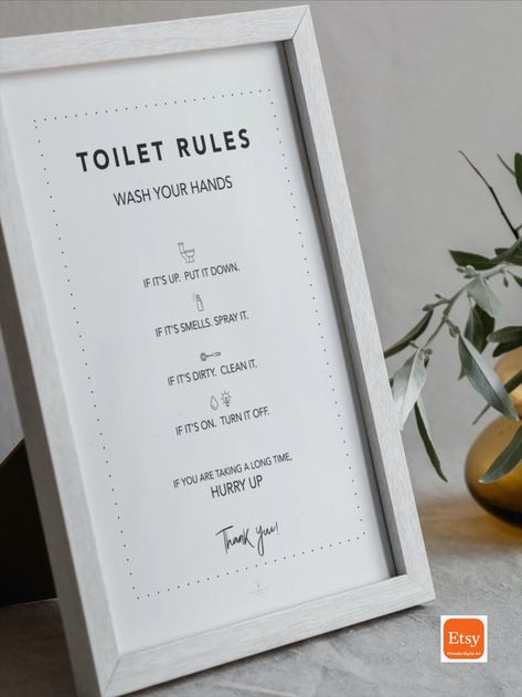 Toilet Rules Print. This digital printable poster is a great addition to any bathroom. This bathroom print is an instant digital download that you can print out and display in your bathroom to remind your family and guests of proper bathroom etiquette. Quirky Toilet, Bathroom Rules Printable, Toilet Rules, Pantry Sign, Wall Decor Bathroom, Kitchen Rules, Bathroom Posters, Bathroom Rules, Kitchen Decor Wall Art