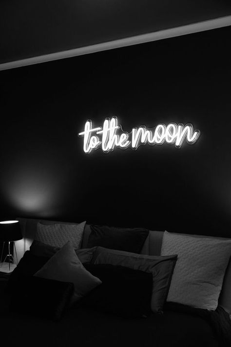 Neon Sign On Black Wall, Black Wall With Neon Sign, Aesthetic Neon Signs For Bedroom, Led Writing Lights, Neon Sign Over Bed, Diy Indie Room Decor, Ig Thoughts, Diy Christmas Room, Dark Grey Rooms